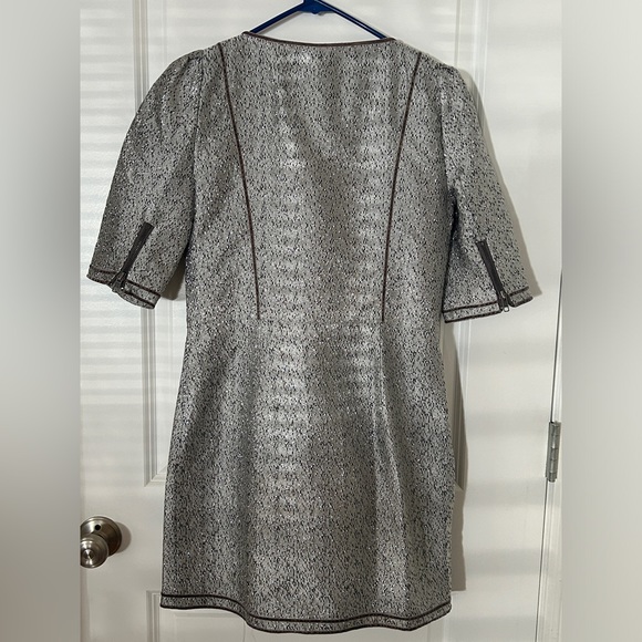 Silver Metallic Zipper Cocktail Party Dress with Puff Sleeves - Picture 3 of 4